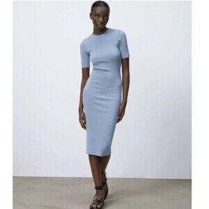 NWT Zara Medium Light Blue Open Back Ribbed Knit Midi Bodycon Midi Dress